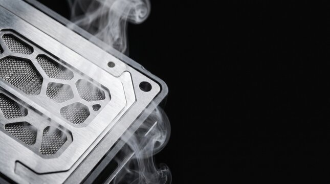 Macro close up of a hydrogen fuel cell membrane and metallic catalyst mesh emitting steam vapor from electrochemical reaction, clean green energy technology concept with copy space on a dark backgroun