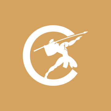 modrn C logo white silhouette warrior throwing spear in circle on orange background
