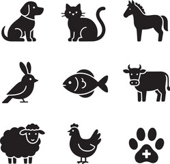 Fototapeta premium Minimalist animal icons set, black silhouette pet and livestock vector graphics, veterinary clinic and farm animal symbols for web design