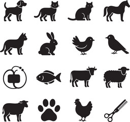 Fototapeta premium Domestic animal silhouettes and pet care icons set, black veterinary symbols for livestock and pets, 16 vector graphic elements for animal clinics