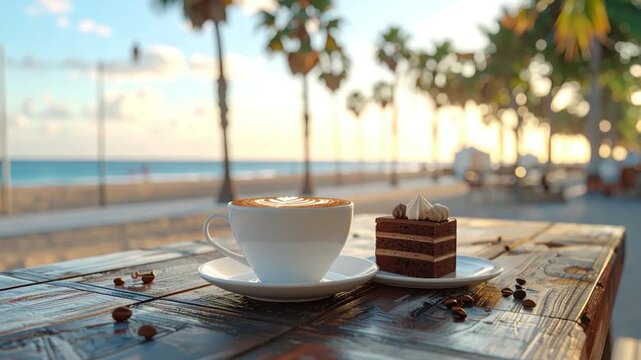 Morning coffee and chocolate cake on wooden beach table