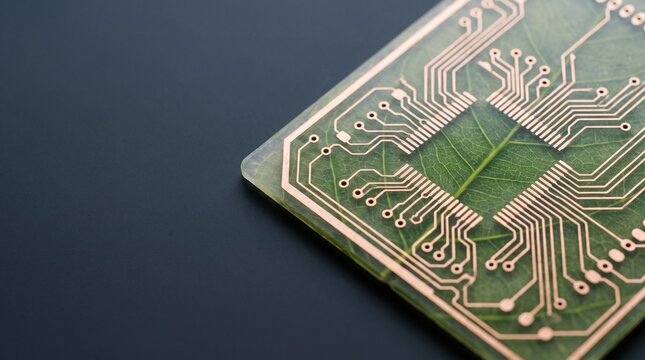 Macro close-up of a biodegradable smart circuit board created from translucent bio-resin and natural leaf veins with copper circuits, eco-friendly green technology and sustainable electronics concept 