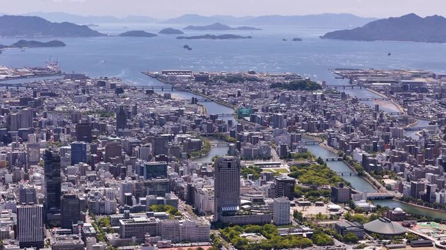 Drone view of Hiroshima and coast from far