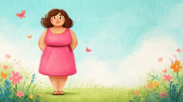 Cute plump woman in a bright summer dress, wholesome digital illustration
