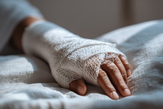 Arm in plaster cast with visible fingers, a healing scene in a clinical environment