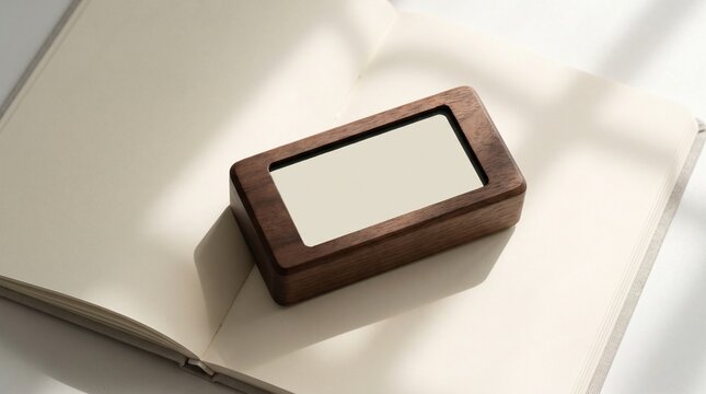 Minimalist wooden digital timer placed on an open blank journal with soft natural sunlight and window shadows, warm aesthetic time management and productivity concept with copy space.