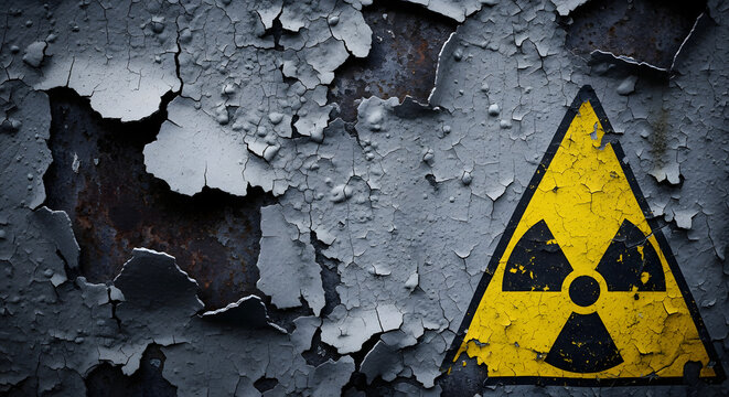 A weathered, peeling surface with a prominent yellow and black radiation hazard symbol.