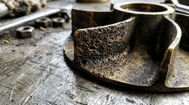 Brass pump impeller showing severe cavitation pitting