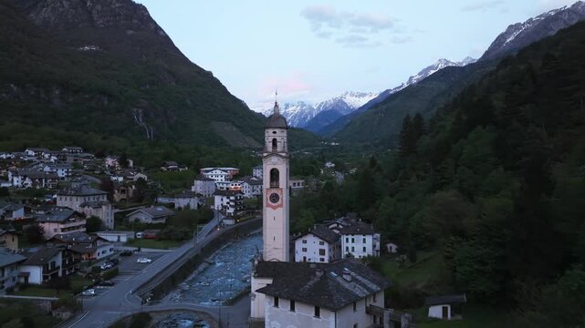 Scenic aerial shot of the Church of the Assumption of Mary in Prosto di Piuro, Val Bregaglia