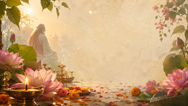 Elegant guru purnima devotional background with meditating guru lotus flowers lamps and copy space for hindu religious festival greeting card and banner design