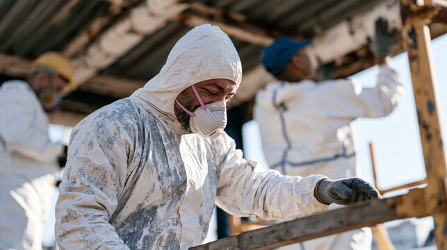 Oil change technician team in full PPE removes asbestos lagging from old service bay pipework under harsh midday sun, diverse crew in hazmat coveralls working methodically on the