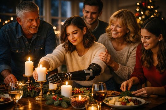 Multigenerational family celebrating Christmas as young woman with upper limb prosthesis lights candles, embracing inclusion, love and festive togetherness