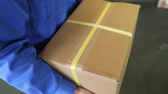 Hands securing cardboard shipping box strapped with yellow plastic banding ready for dispatch