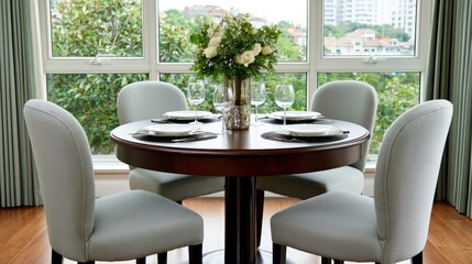 Fototapeta premium Modern dining room with round wooden table, elegant chairs, and floral centerpiece amidst large windows and greenery