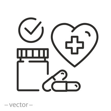 heart pills icon, approved by cardiology, drug for the cardiovascular system, thin line symbol on white background - editable stroke vector illustration