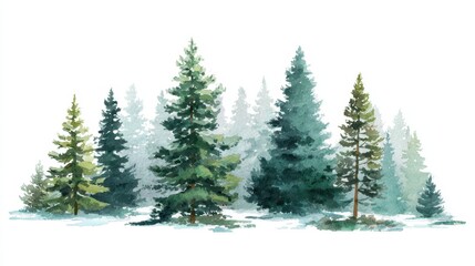 Fototapeta premium Calm winter woodland scene in watercolor with lush evergreens on white backdrop