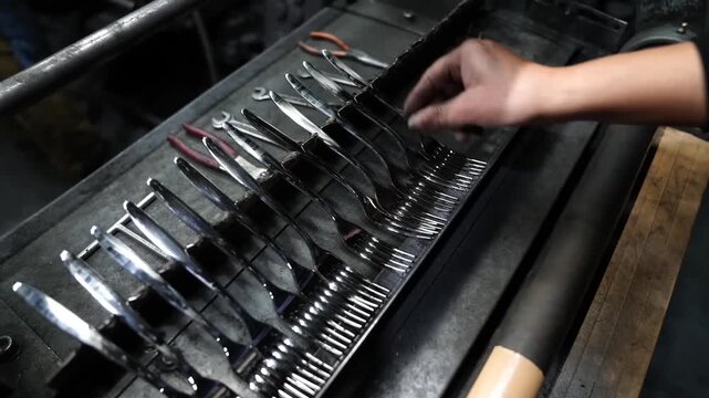 Hand flipping through rows of freshly ground forks and knives resting in metal rack at cutlery factory