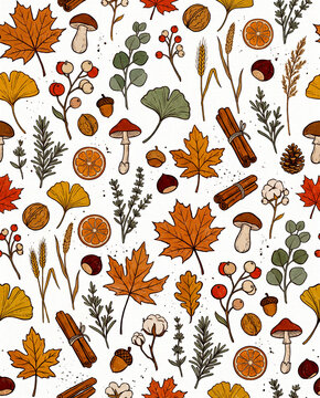 Luxury Thanksgiving Scandinavian Woodland Seamless Pattern with Oak Leaves, Chanterelle Mushrooms, Pine Cones, Acorns, Rowan Berries and Elegant Forest Botanical Motifs