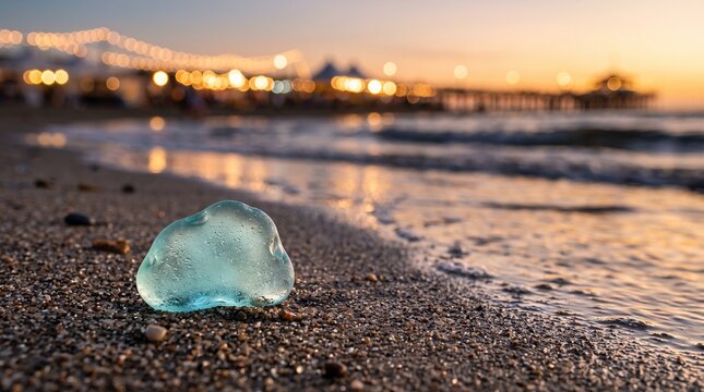 Translucent cyan sea glass resting on wet beach sand at sunset with gentle ocean waves and warm string lights bokeh in the background, tranquil coastal landscape and summer relaxation concept with cop
