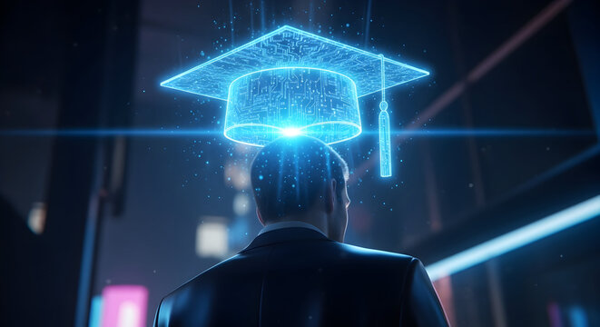 Backdrop of a Man in Business Suit with Holographic Graduation Cap Projecting Above His Head in a Futuristic Urban Environment