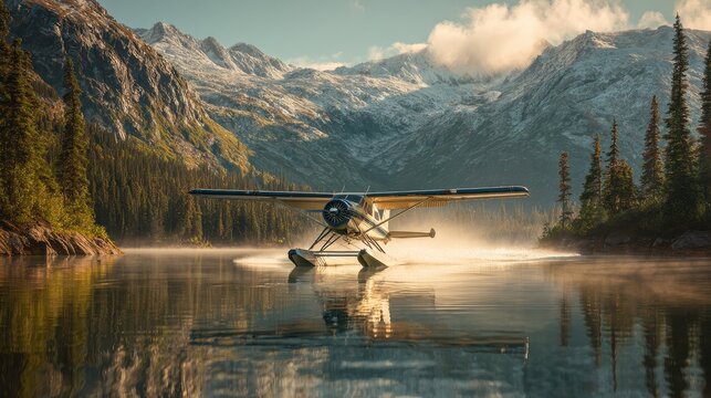 Alaskan alpine lake seaplane landing with mist, reflections and evergreen shoreline