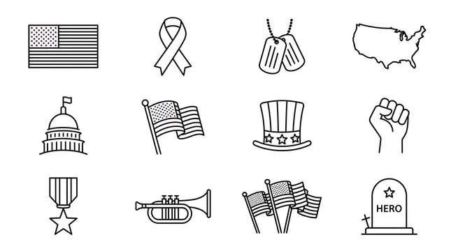 Memorial day and patriotic symbols line art icon set
