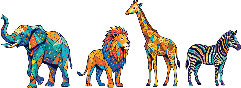 Colorful geometric African safari animals illustration set featuring an elephant, lion, giraffe, and zebra