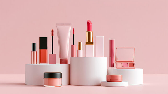 Pink makeup and cosmetics display with lipstick, lip gloss, mascara and skincare on pedestals