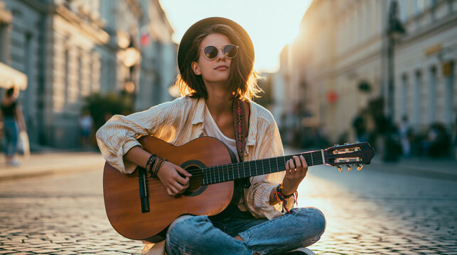 Young woman street musician playing acoustic guitar sitting on cobblestone street in warm sunlight