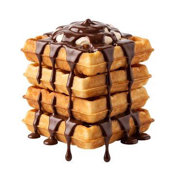 Delicious golden waffle stack with rich chocolate syrup drizzle on white background