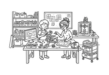 Obraz premium Women Engineers Building Robot in Maker Space Vector Illustration