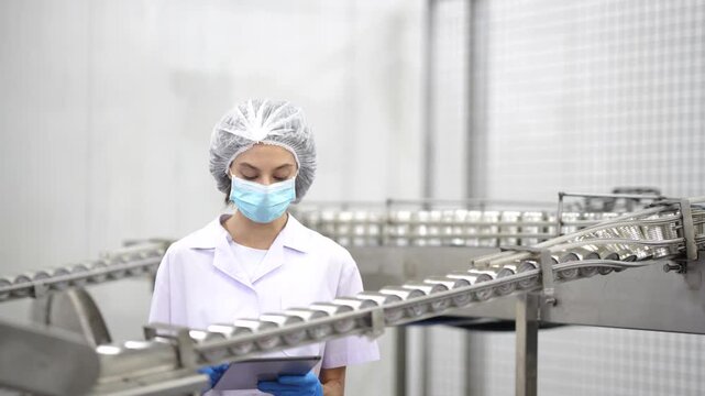 Quality control inspector inspecting can conveyor line while using tablet in food manufacturing factory. Quality control, food safety, production line, manufacturing process, inspection records.