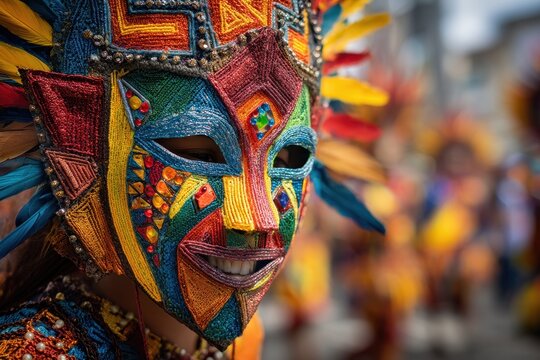 Close up portrait of a joyful masked dancer with bold colors and geometric patterns