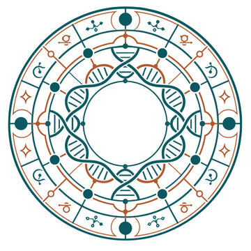遺伝子螺旋とシンボルが描かれた魔法陣の飾り枠 / Magic Circle Decorative Border Drawn with Genetic Helix and Symbols (Generative AI)