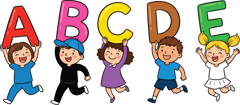 Happy cute diverse cartoon children holding giant colorful alphabet letters ABCDE for preschool education concept