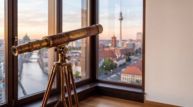 Antikes Messing Teleskop mit Gravur Weitblick am Fenster mit Berliner Skyline zur goldenen Stunde