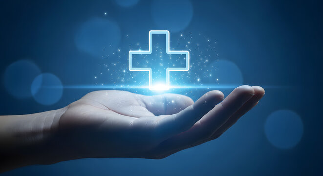 A hand holding a glowing blue medical cross symbol, representing healthcare and well-being.