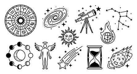 Set of black and white astrology and astronomy icons including zodiac wheel, galaxy, telescope, constellation, moon phases, angel, sun, shooting star on transparent background © Yurii