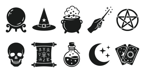 Set of magical and witchcraft icons including crystal ball, witch hat, cauldron, magic wand, pentagram, skull, ancient scroll, potion bottle, crescent moon on transparent background © Yurii