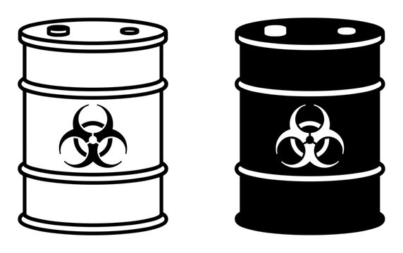Black and white bio hazard barrels icons with toxic waste symbol risk hazard container on transparent background
