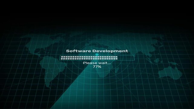 Animated software development loading bar progress loop, futuristic cyber tech system update process motion graphic on world map background