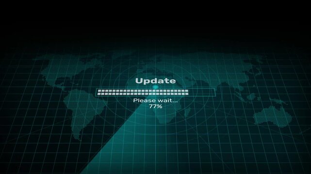 Animated update loading progress bar motion graphic loop, futuristic cyan digital data processing screen asset on world map background