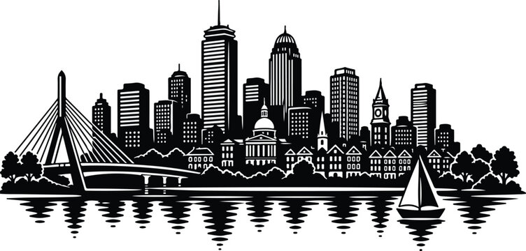Boston Skyline Silhouette Landscape Vector Illustration