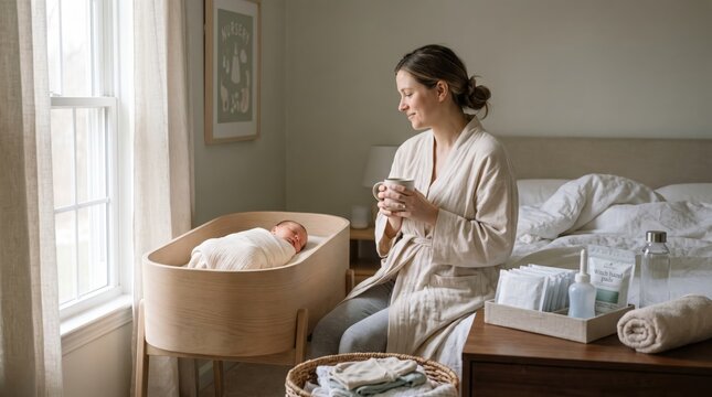 A woman in a beige robe sits beside a wooden bassinet with a sleeping baby, holding a mug and surrounded by nursery essentials on a dresser