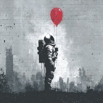 Astronaut silhouette with a red balloon in a gritty street-art stencil scene