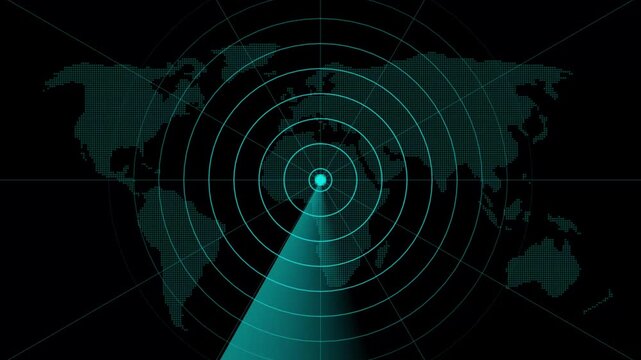 Futuristic cyan radar scanner sweep motion graphic loop, animated hud world map sonar target tracking display on dark background