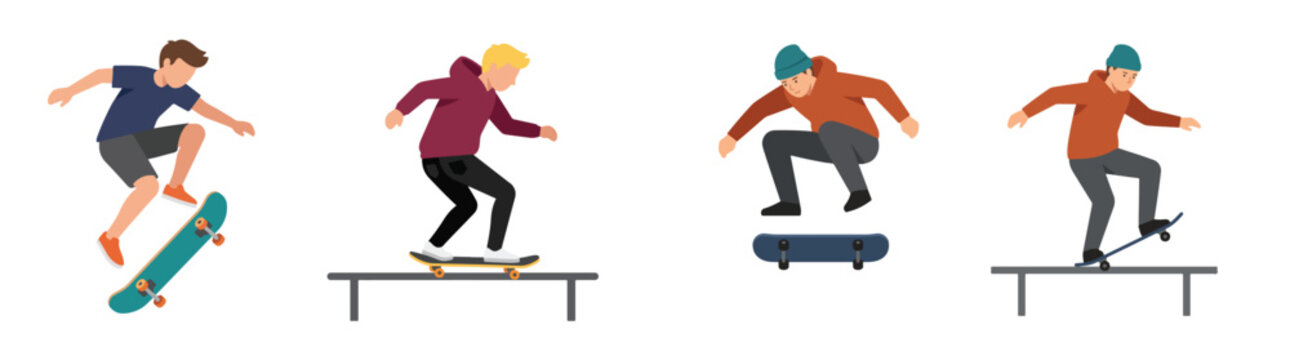 Skateboarder character set performing tricks and grinding on rails