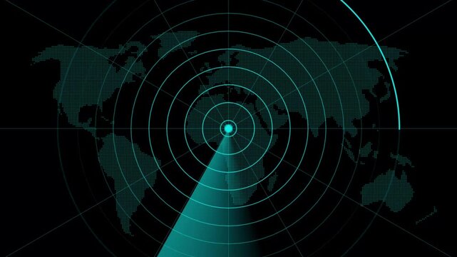 Futuristic cyan radar scanner sweep motion graphic loop, animated hud world map sonar target tracking display on dark background