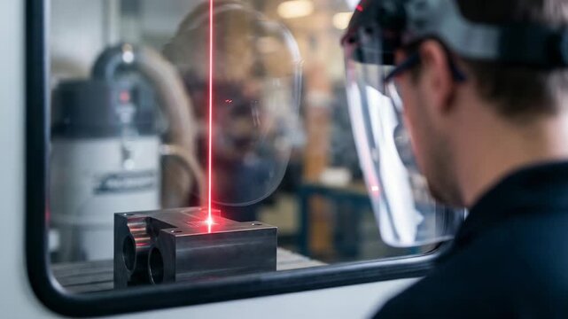 A male technician observes a laser cutting machine while it processes a metal piece. The setting is a workshop filled with industrial equipment and tools