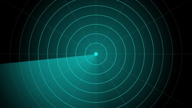Futuristic cyan radar scanner sweep motion graphic loop, animated hud world map sonar target tracking display on dark background